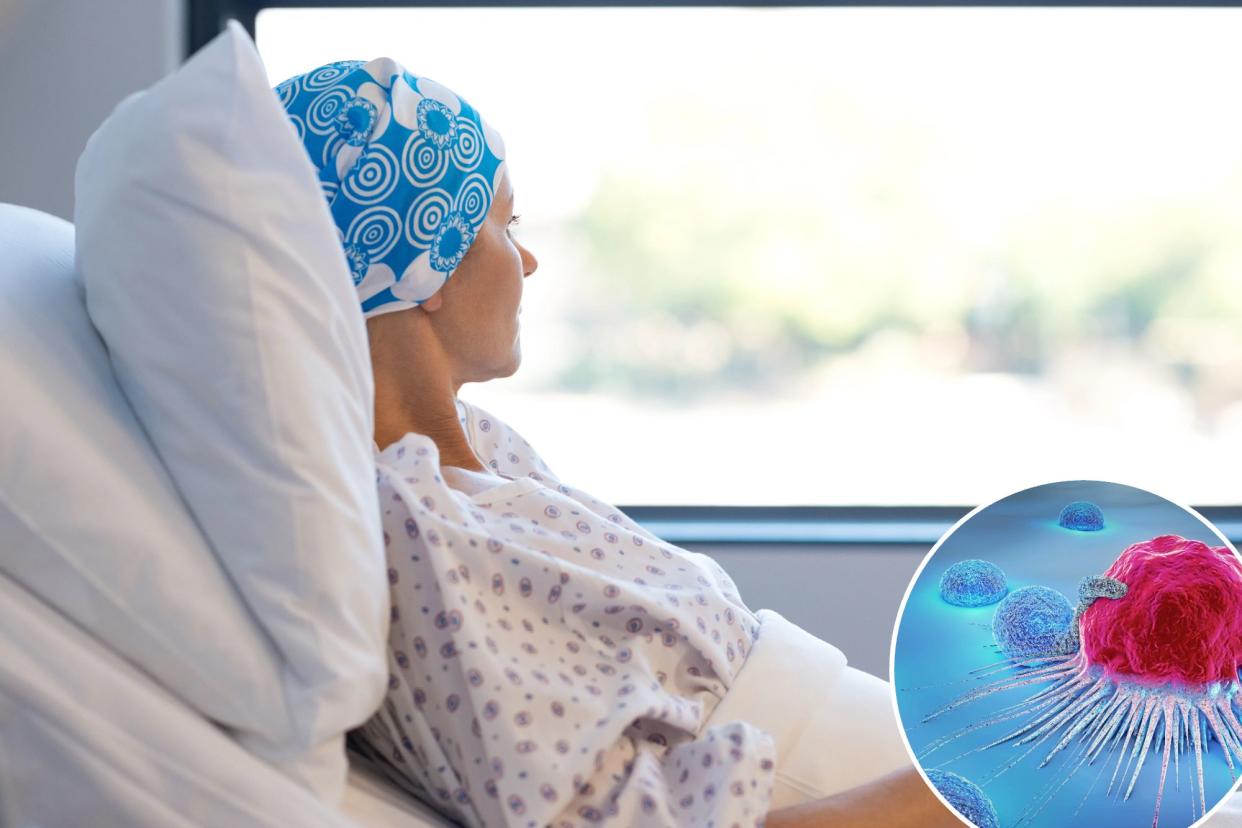 person sitting in a hospital bed with inset of cancer cell