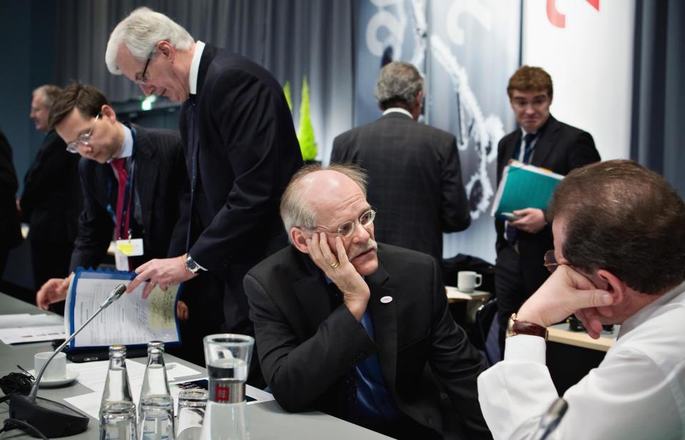 Second from left, European Commissioner Michel Barnier of France, Governor of the Central Bank of Sweden Stefan Ingves, center, and Vice-President of European Central Bank (ECB) Vitor Constancio of Portugal, right, prepare for the second day of a eurozone finance ministers meeting, in Copenhagen, Denmark Saturday March 31, 2012. Several European finance chiefs said Friday the 17 countries that use the euro are unlikely to boost their financial backstop to the Euros1 trillion ($1.3 trillion) demanded by many of their international partners. (AP Photo/Lars Krabbe/Polfoto) DENMARK OUT