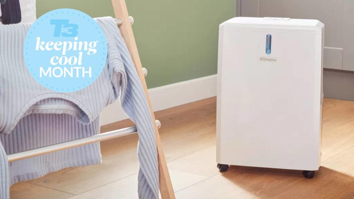  Quiet Mark dehumidifier next to a clothes horse with a T3 Keeping Cool month badge 