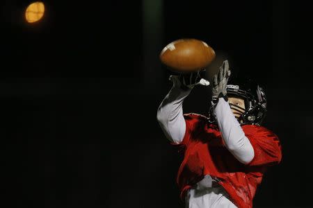 Running back and wide receiver Brad Goldsberry reaches for a pass during a Massachusetts Institute of Technology (MIT) Engineers football team practice in Cambridge, Massachusetts November 13, 2014. REUTERS/Brian Snyder