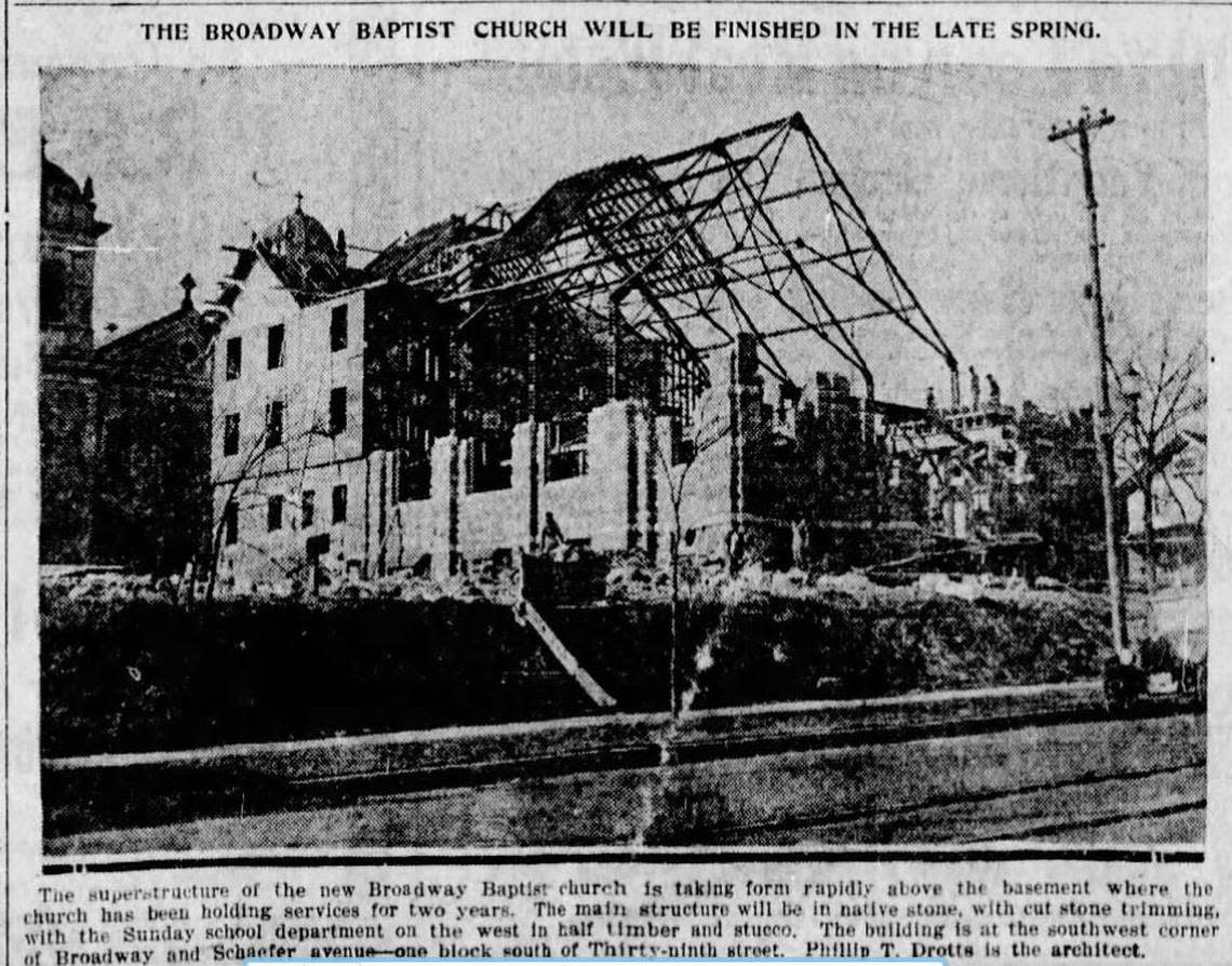 A January 1923 issue of The Kansas City Star shows the Broadway Baptist Church under construction and slated to be finished later in the year.