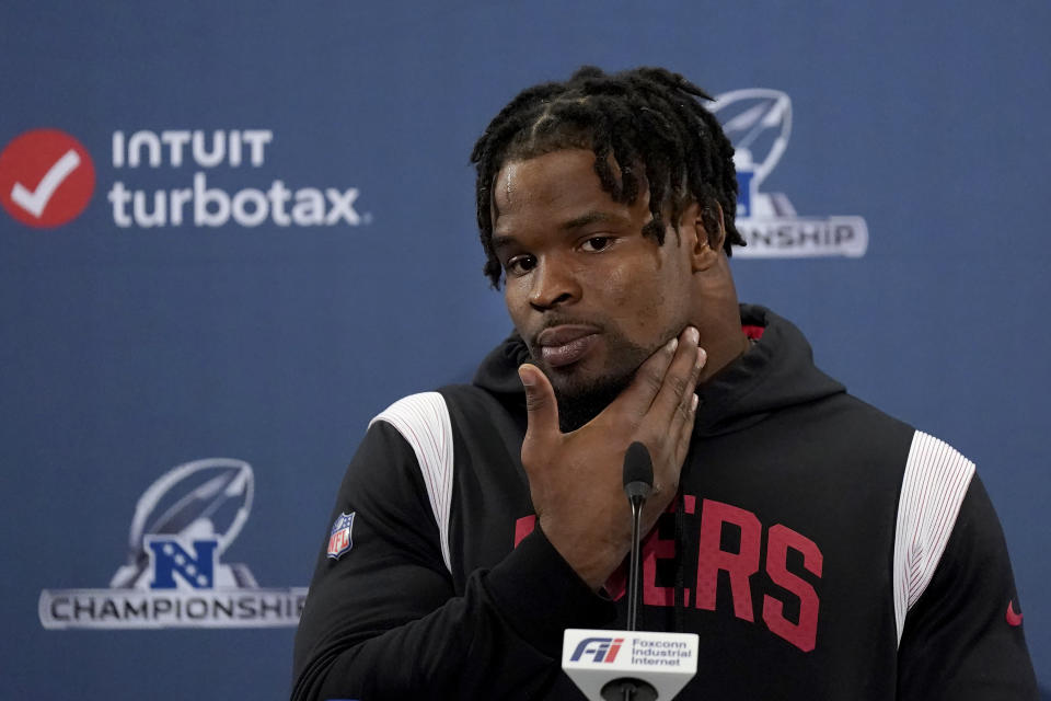 San Francisco 49ers linebacker Dre Greenlaw speaks at a news conference before an NFL football practice in Santa Clara, Calif., Thursday, Jan. 26, 2023. The 49ers are scheduled to play the Philadelphia Eagles Sunday in the NFC championship game. (AP Photo/Jeff Chiu)