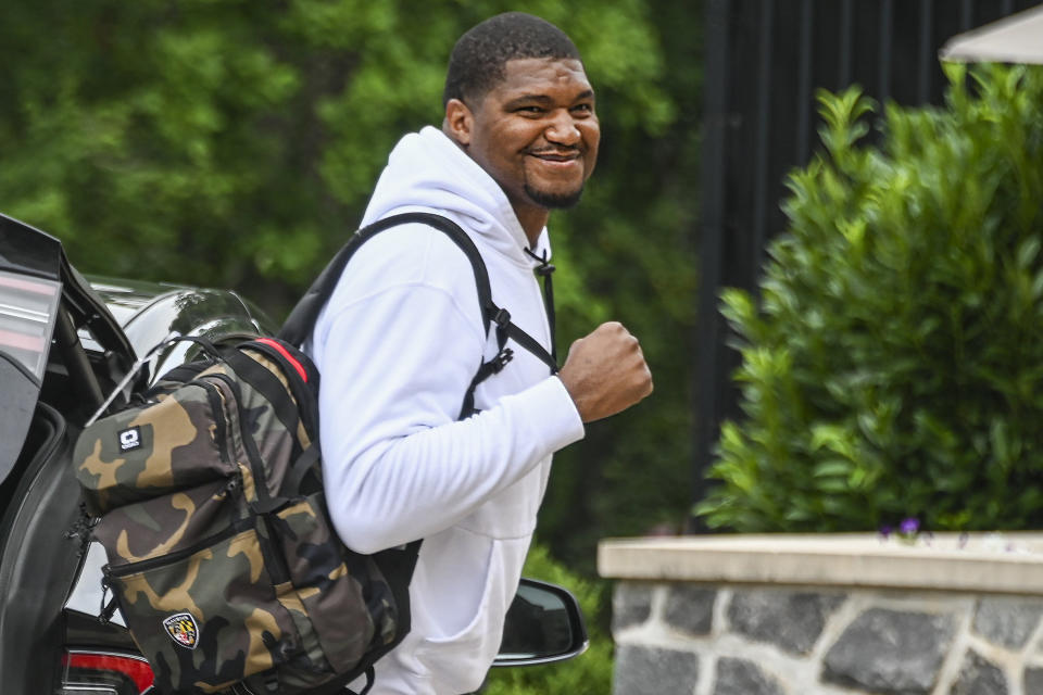 Baltimore Raven' Calais Campbell arrives NFL football training camp in Owings Mills, Md., Tuesday, July 26, 2022. (Kevin Richardson/The Baltimore Sun via AP)