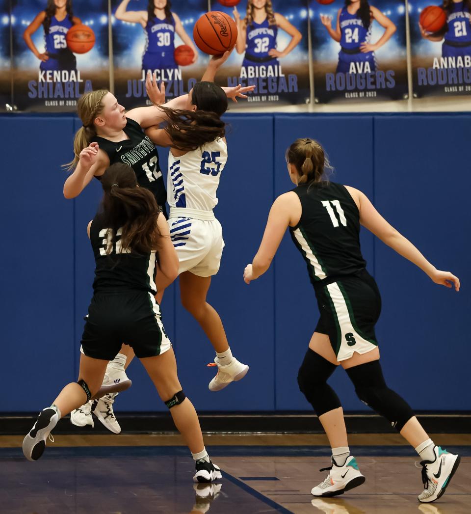 Chippewa's Kendal Shiarla is fouled late in regulation going to the rim, she split a pair of tosses to give her team the late lead.