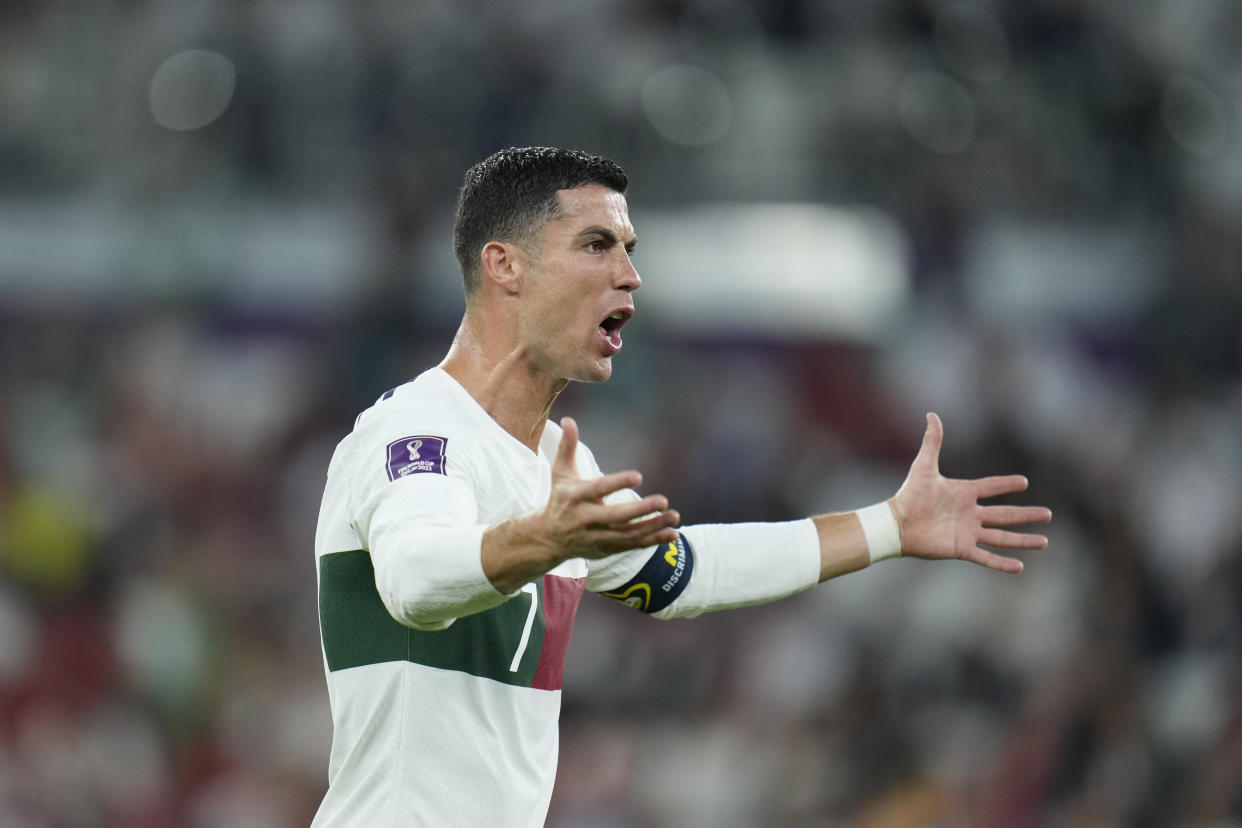 Portugal's Cristiano Ronaldo gestures during the World Cup quarterfinal soccer match between Morocco and Portugal, at Al Thumama Stadium in Doha, Qatar, Saturday, Dec. 10, 2022. (AP Photo/Ricardo Mazalan)