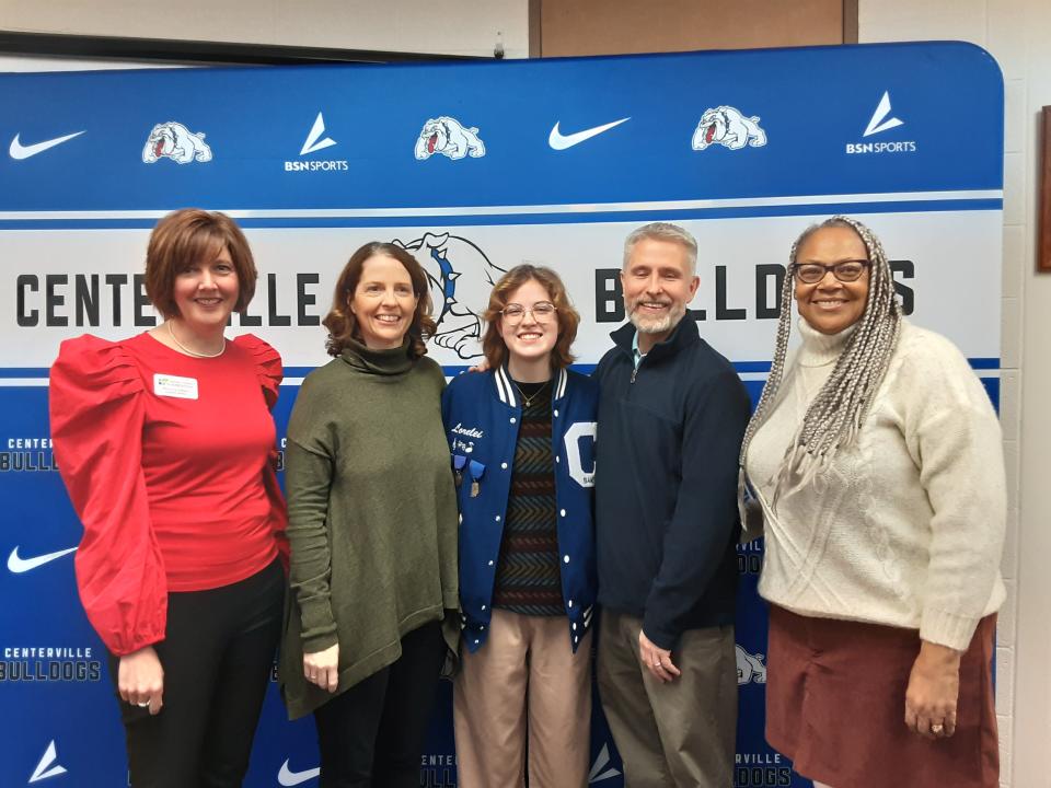 Centerville High School Senior Lorelai Guenther (center) was one of two Wayne County recipients of the 2024 Lilly Endowment Community Scholarship, Wednesday, Dec. 6, 2023. From left are Wayne County Foundation Executive Director Rebecca Gilliam, mother Stephanie Guenther, Lorelai, father Nick Guenther and Wayne County Foundation Nonprofit Relationship Manager Kelley Cruse-Nicholson.