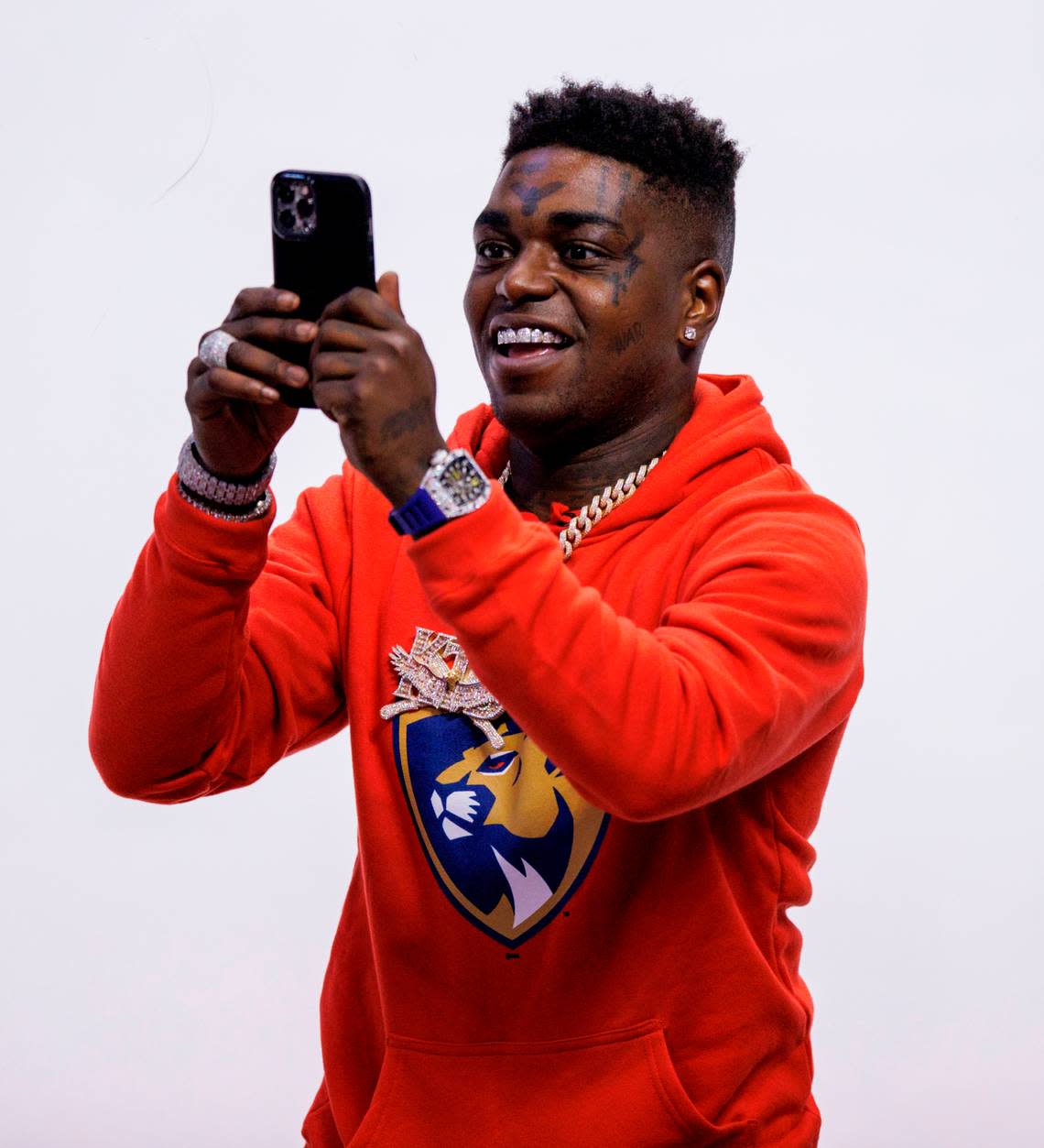Rapper Kodak Black during the third period of Game 1 of a first round NHL Stanley Cup series between the Florida Panthers against the Washington Capitals at FLA Live Arena on Tuesday, May 3, 2022 in Sunrise, Fl.