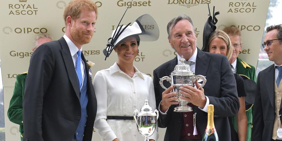 <p>The Duke and Duchess of Sussex presented a trophy to breeder John Gunther after his horse Without Parole <a rel="nofollow noopener" href="https://www.nbcsports.com/video/2018-royal-ascot-without-parole-wins-st-jamess-palace-stakes" target="_blank" data-ylk="slk:won;elm:context_link;itc:0;sec:content-canvas" class="link ">won</a> the St. James's Palace Stakes.</p>