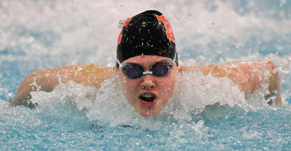 Marlington's Leah guess competes in the girls 100 yard butterfly during the Division II State Swimming Championship at CT Branin Natatorium, Friday, Feb. 25, 2022, in Canton, Ohio. [Jeff Lange/Beacon Journal]
