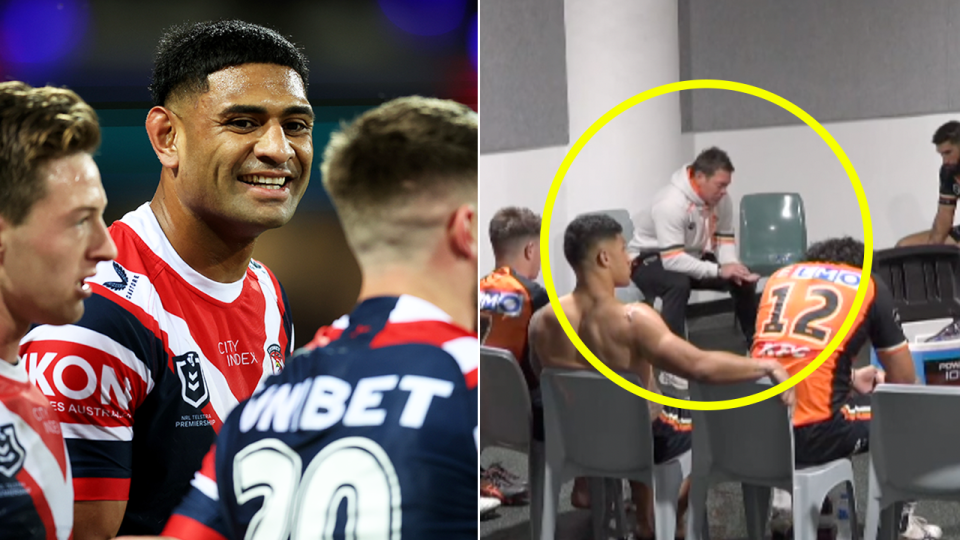 Daniel Tupou (pictured left) celebrates a try and The Wests Tigers (pictured right) dressing room.