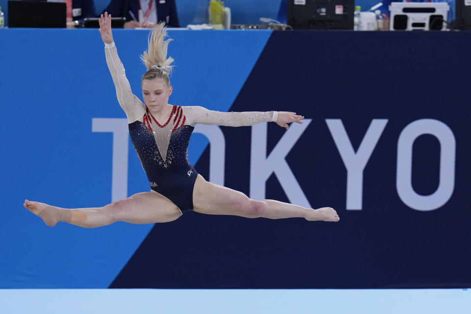 Jade Carey, of the United States, performs on the floor during the artistic gymnastics women's apparatus final at the 2020 Summer Olympics, Monday, Aug. 2, 2021, in Tokyo, Japan. (AP Photo/Gregory Bull)