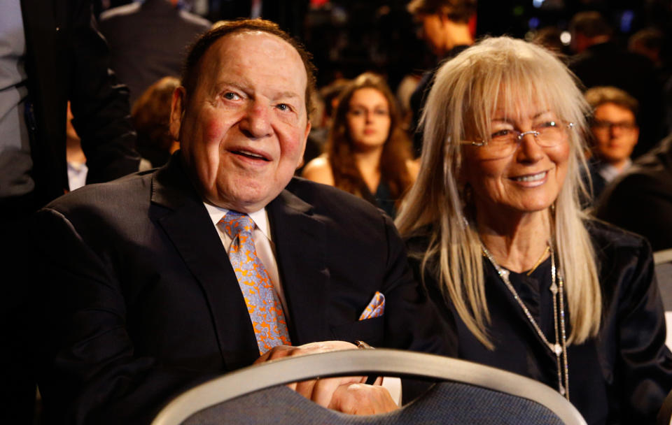 Sheldon and Miriam Adelson await the start of the presidential debate between  Hillary Clinton and   Donald Trump at Hofstra University in New York on Sept. 26, 2016. 