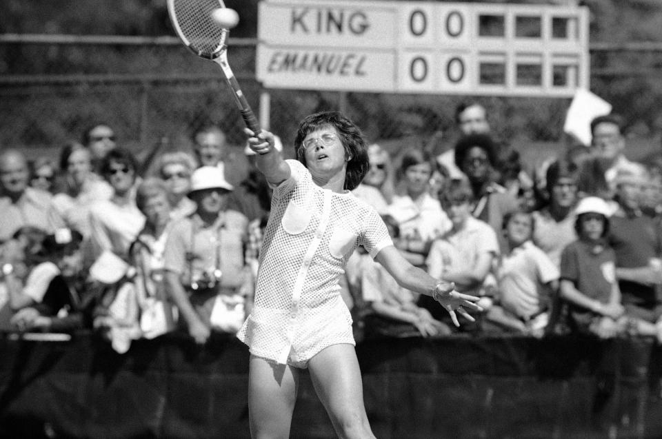 FILE - In this file photo of Sept. 3, 1972 Billie Jean King returns a volley to Esme Emmanuel during U.S. Open tennis action at the West Side Tennis Club in the Forest Hills neighborhood of the Queens borough of New York. The stadium that was one of the cathedrals of tennis and hosted US Open tennis for six decades, as well as music greats, is planning to revive the sound of music at the 16,000-seat stadium and perhaps, one day, bring back big-time professional tennis. (AP Photo/ Ray Stubblebine, File)