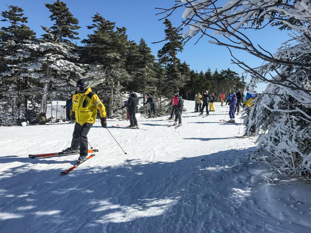 man in yellow ski jacket skis down mountain while others ski behind him. Sky is blue and evergreens line a ski trail