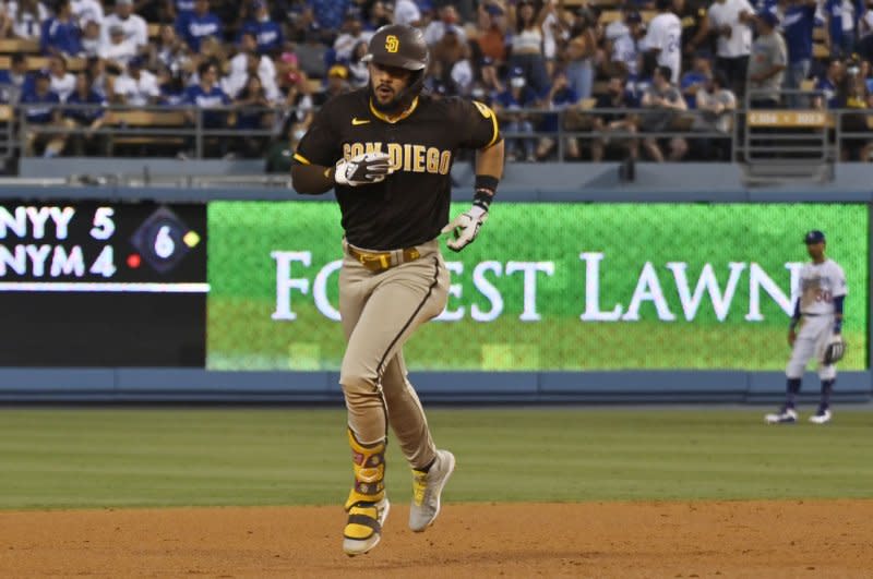 San Diego Padres outfielder Fernando Tatis Jr. reached base twice, with a home run and a walk, in a win over the Chicago Cubs on Monday in San Diego. File Photo by Jim Ruymen/UPI