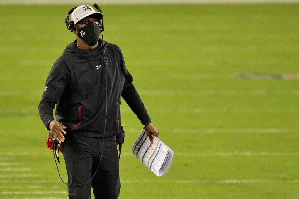 CHARLOTTE, NORTH CAROLINA - OCTOBER 29: Head coach Raheem Morris of the Atlanta Falcons looks on against the Carolina Panthers during the first quarter at Bank of America Stadium on October 29, 2020 in Charlotte, North Carolina. (Photo by Grant Halverson/Getty Images)