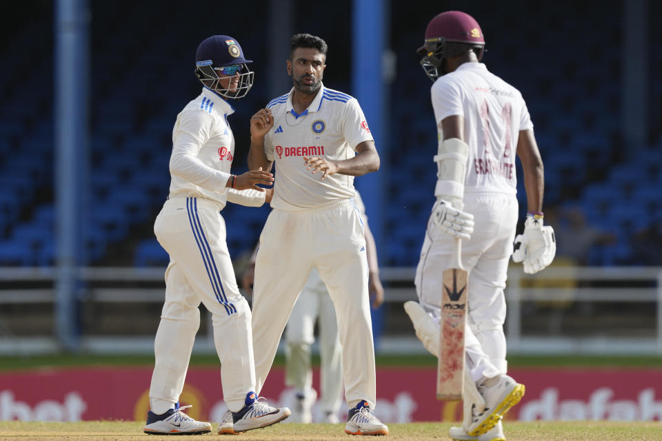 India's Ravichandran Ashwin, center, unsuccessfully appeals for the wicket of West Indies' capitan Kraigg Brathwait on day four of their second cricket Test match at Queen's Park in Port of Spain, Trinidad and Tobago, Sunday, July 23, 2023. (AP Photo/Ricardo Mazalan)