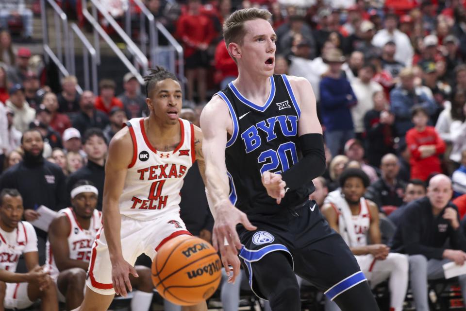 BYU guard Spencer Johnson performs a no-look pass during a game against Texas Tech, Saturday, Jan. 20, 2024, in Lubbock, Texas. | Chase Seabolt, Associated Press