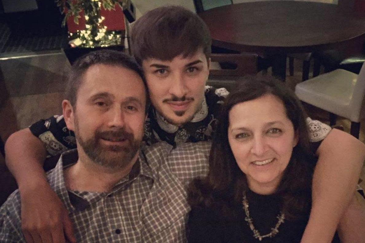 Family: Manchester bombing victim Martyn Hett with mother Figen Murray and stepfather Stuart Murray