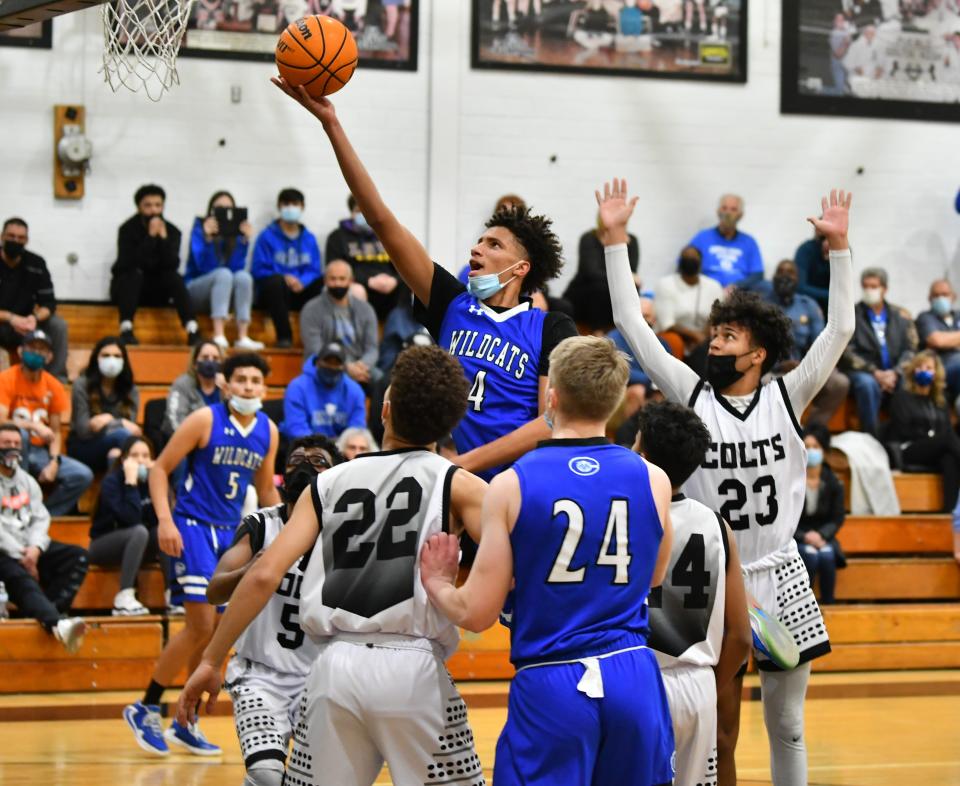 Central sophomore Kadyn Betts leans in for a layup in the Colts' 58-51 win over the Wildcats Monday, March 1.
