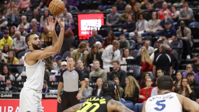 Minnesota Timberwolves’ Rudy Gobert (27) takes a free throw while playing the Utah Jazz in Salt Lake City on Friday, Dec. 9, 2022. The Timberwolves won 118-108.