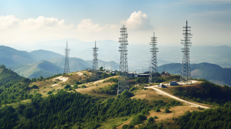 A close-up of an array of cell towers on a distant hilltop.