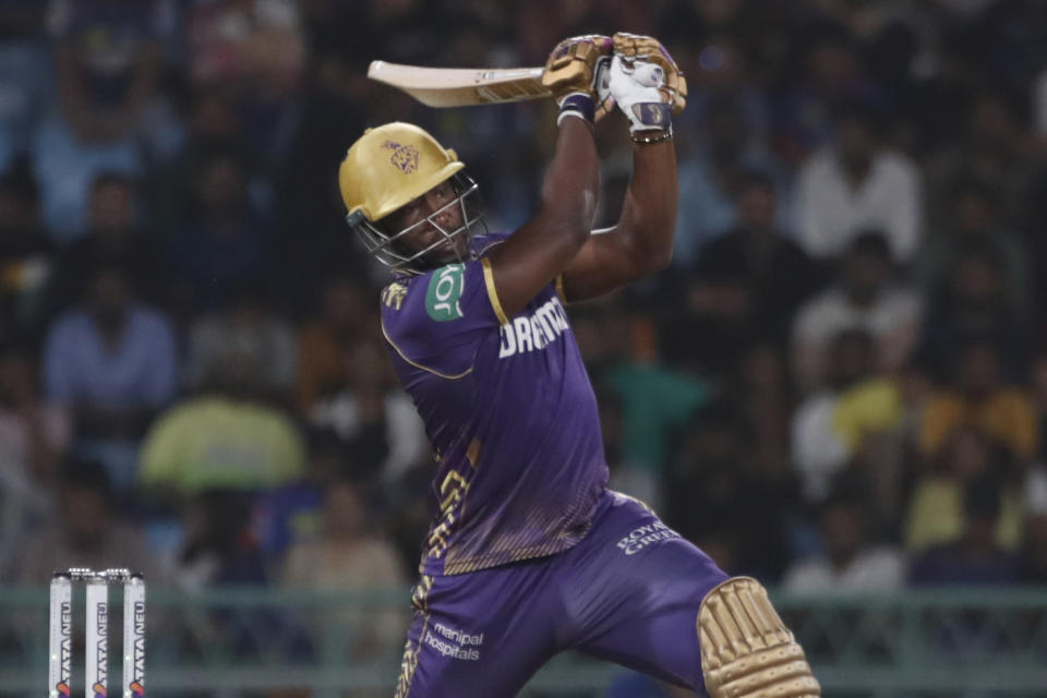 Kolkata Knight Riders' Andre Russell plays a shot during the Indian Premier League cricket match between Lucknow Super Giants and Kolkata Knight Riders in Lucknow, India, Tuesday, May 5, 2024. (AP Photo/Pankaj Nangia)