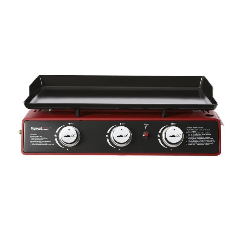 You'll find a non-stick, porcelain-enameled griddle top, three stainless steel burners and grill cover that's meant to withstand the elements on this grill. <br /><br /><strong><a href="https://go.skimresources.com?id=38395X987171&amp;xs=1&amp;xcust=portablegrills-KristenAiken-061121-&amp;url=https%3A%2F%2Fwww.wayfair.com%2Foutdoor%2Fpdp%2Froyal-gourmet-3-burner-propane-gas-grill-w005051607.html" target="_blank" rel="noopener noreferrer">Find it for $100 at Wayfair</a>.</strong>