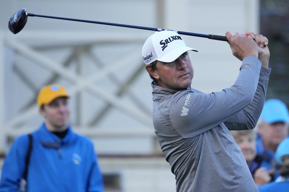 Lucas Glover hits from the 10th tee at Spyglass Hill Golf Course during the second round of the AT&T Pebble Beach National Pro-Am golf tournament in Pebble Beach, Calif., Friday, Feb. 2, 2024. (AP Photo/Eric Risberg)