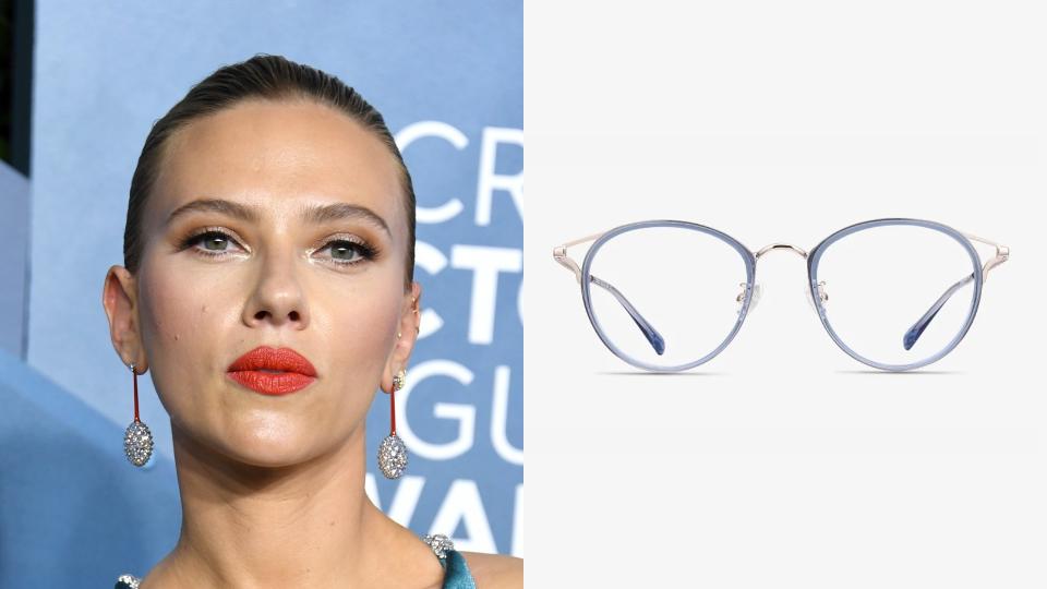 Scarlett Johansson, Dazzle Cat Eye Blue Eyeglasses. (Photo: Getty Images, EyeBuyDirect)