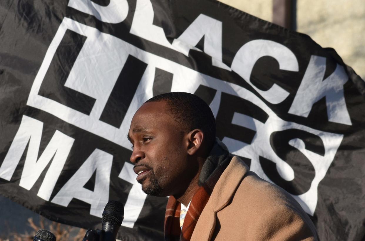 Eric B. Mack, brother of Anthony Harden, speaks at a rally in Fall River's Britland Pak Saturday to demand police transparency in the fatal police shooting of Anthony Harden. 