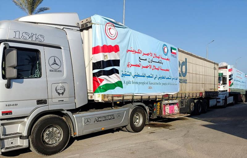 A view of trucks carrying humanitarian aid for Palestinians