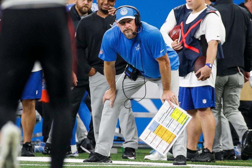 Detroit Lions head coach Dan Campbell watches a play against Atlanta Falcons during the second half at Ford Field in Detroit on Sunday, Sept. 24, 2023.