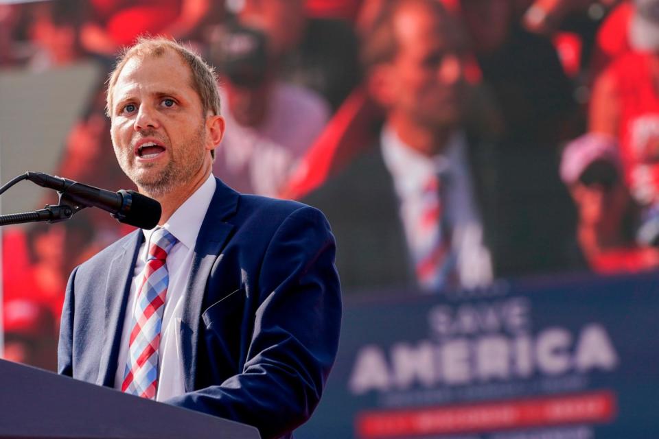 PHOTO: Wisconsin Republican state assembly candidate Adam Steen speaks at a rally, Aug. 5, 2022, in Waukesha, Wis.  (Morry Gash/AP)