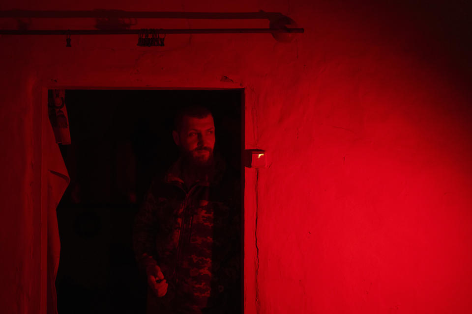 Paramedic evacuation crew member codename Livsi waits for injured soldiers in an medical point in the area of Avdiivka close to Donetsk, Ukraine, Saturday, May 4, 2024. (AP Photo/Francisco Seco)