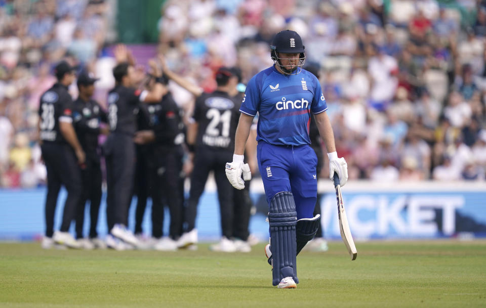 England's Jonny Bairstow walks off the pitch after losing his wicket during the second one day international match between England and New Zealand, at The Ageas Bowl, Southampton, England, Sunday Sept. 10, 2023. (John Walton/PA via AP)