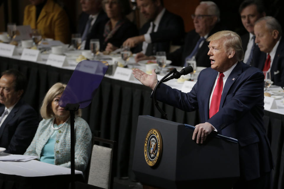 President Donald Trump speaks during a meeting of the Economic Club of New York in New York, Tuesday, Nov. 12, 2019. (AP Photo/Seth Wenig)