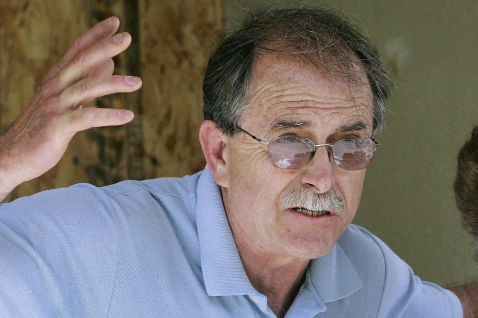 FILE - In this June 18, 2007 file photo, Edward Brown speaks to reporters during a news conference at his home, in Plainfield, N.H. Brown, 78, is up for re-sentencing Tuesday Sept. 29, 2020 over a months long armed standoff with U.S. marshals in 2007 to protest a tax evasion conviction. Brown, originally sentenced to 37 years in prison, says he should be sentenced to the 13 years he has already served. (AP Photo/Jim Cole, File)