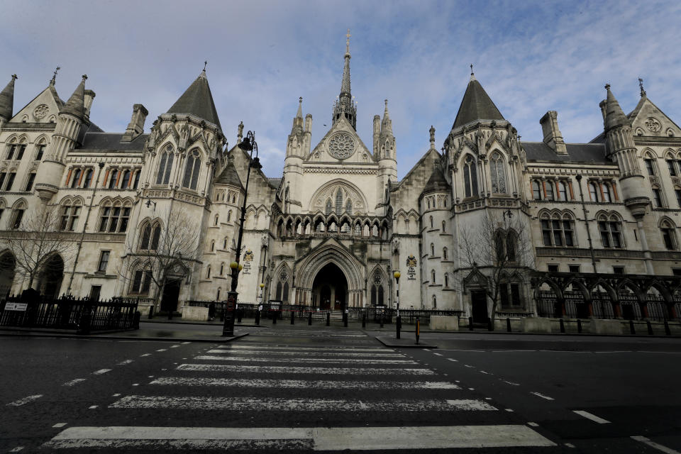 A view of the Royal Courts Of Justice, in London, Tuesday, Jan. 19, 2021. Meghan, the Duchess of Sussex will ask a High Court judge to rule in her favour in her privacy action against the Mail on Sunday over the publication of a handwritten letter to her estranged father. The case will be heard remotely due to the pandemic. (AP Photo/Kirsty Wigglesworth)