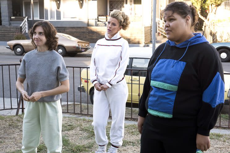 Alison Brie, left, Betty Gilpin, and Britney Young in <em>GLOW.</em> (Photo: Netflix)