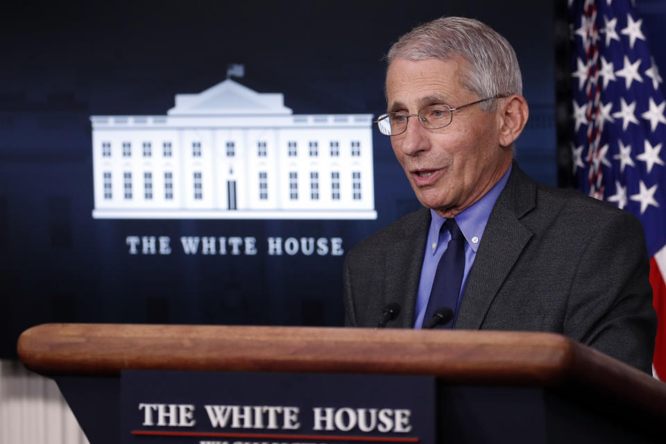 Dr. Anthony Fauci, director of the National Institute of Allergy and Infectious Diseases, speaks about the coronavirus in the James Brady Press Briefing Room at the White House, Monday, April 13, 2020, in Washington. (AP Photo/Alex Brandon)