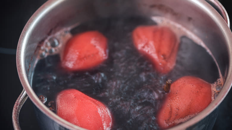 Poaching pears in red wine