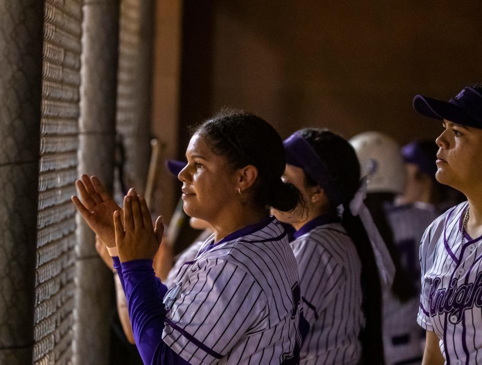 Shadow Hills' Nevaeh Walls (32) cheers for her teammates from the dugout during their game at Shadow Hills High School in Indio, Calif., Thursday, April 18, 2024.