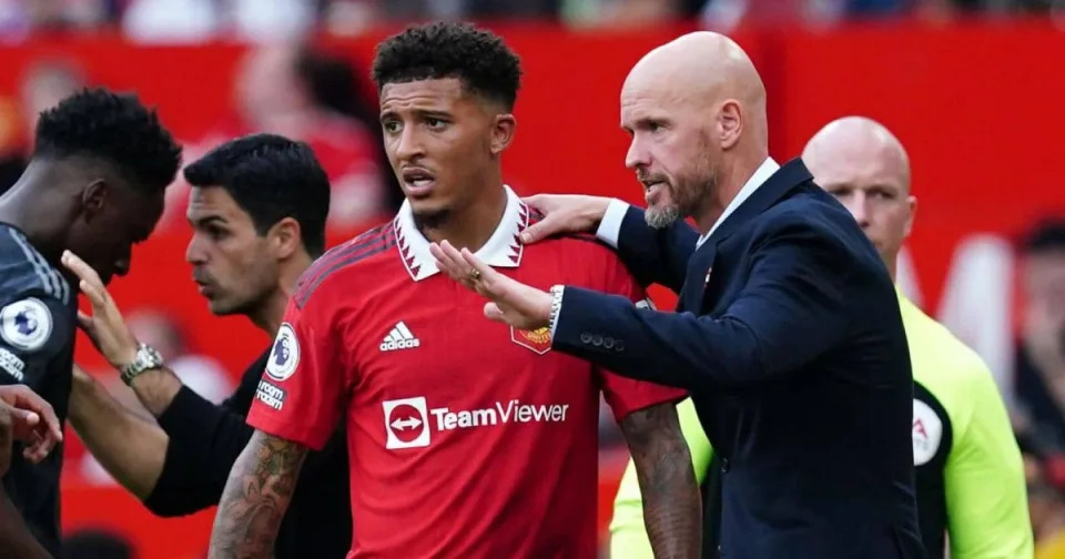 Jadon Sancho, Erik ten Hag, Manchester United during Premier League game v Arsenal at Old Trafford Credit: Alamy