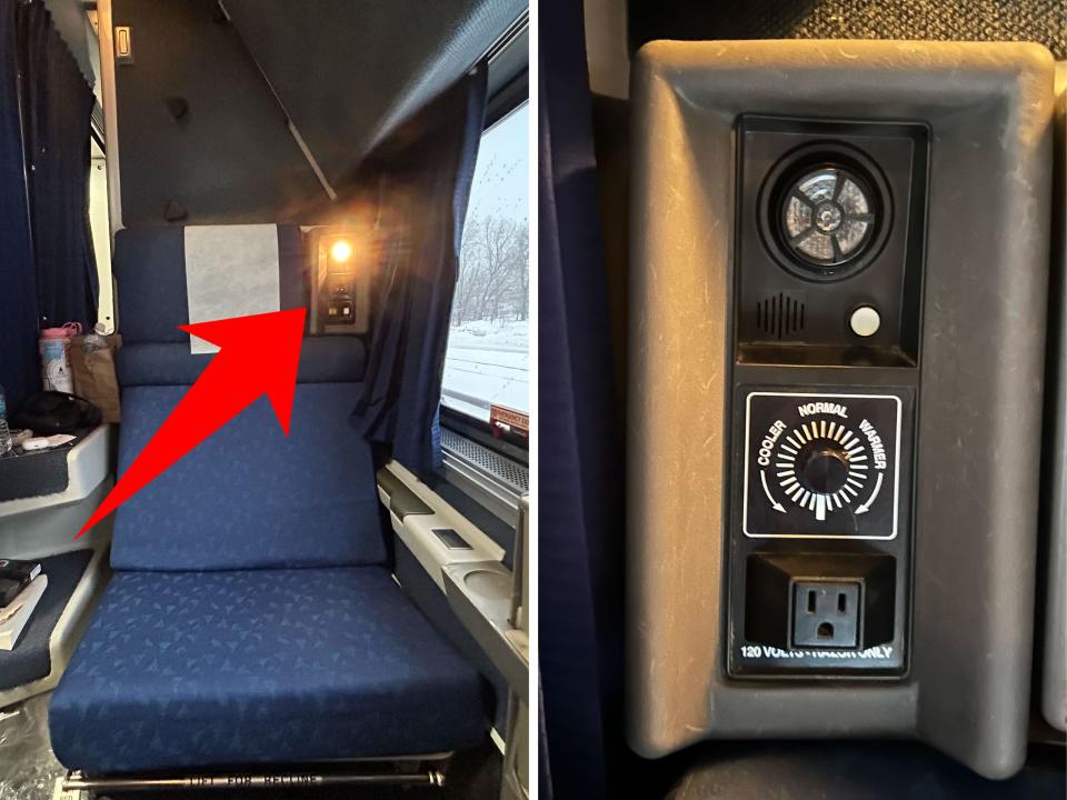 An arrow pointing to an outlet near the seat on an Amtrak train.