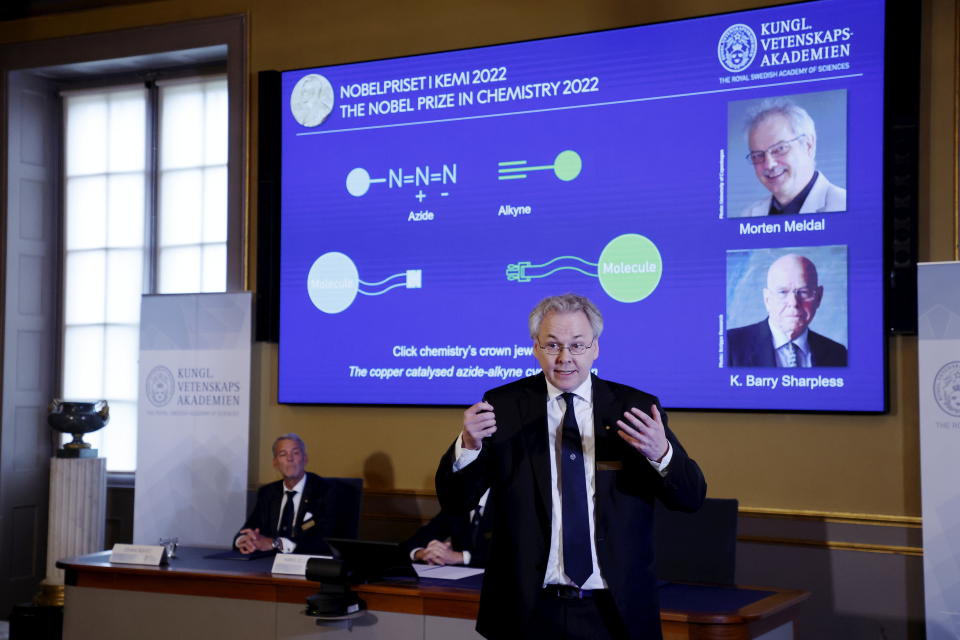 Professor Olof Ramstrom, member of the Nobel Committee for Chemistry, speaks during the press conference to announce the winners of the 2022 Nobel Prize in Chemistry, at the Royal Swedish Academy of Sciences in Stockholm, Sweden, Wednesday, Oct. 5, 2022. The winners of the 2022 Nobel Prize in chemistry are Caroline R. Bertozzi of the United States, Morten Meldal of Denmark and K. Barry Sharpless of the United States. (Christine Olsson /TT News Agency via AP)