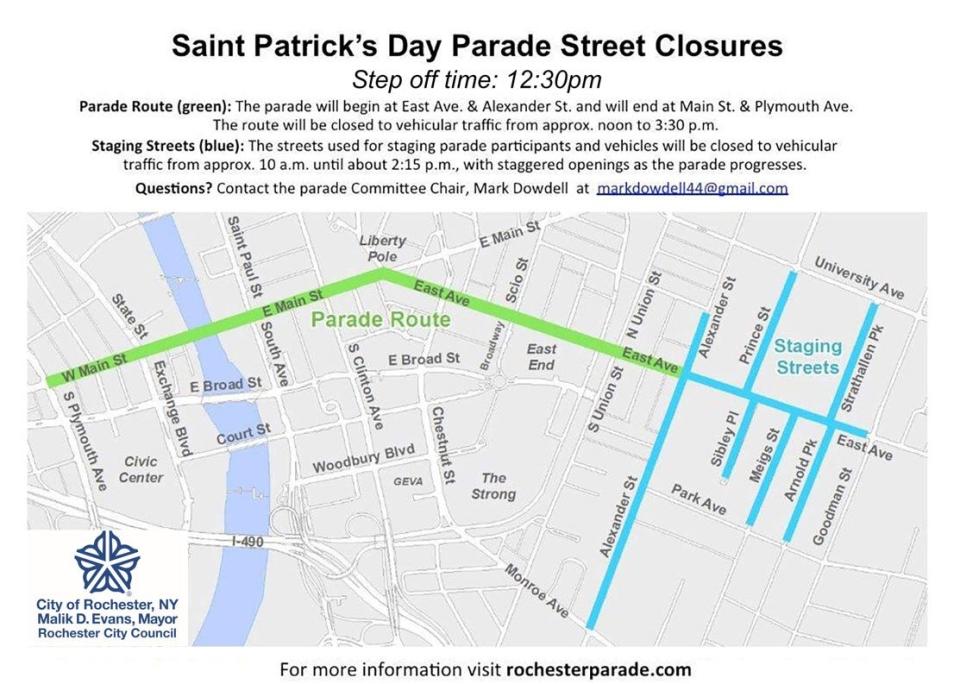 The 2023 Tops Rochester St. Patrick's Day Parade route and street closures.