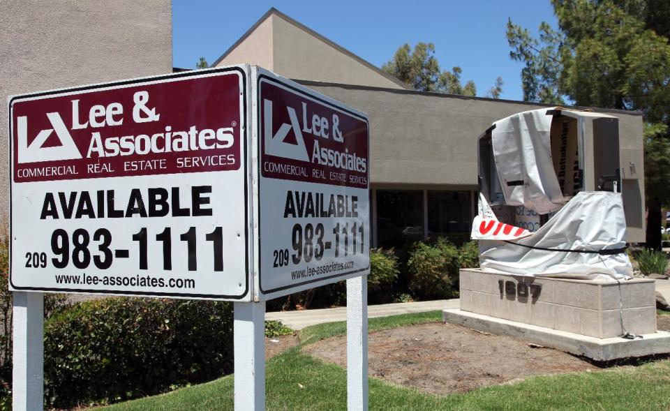 A commercial lot is available for rent Tuesday, June 26, 2012, in Stockton, Calif. Stockton officials continue to grapple with the city's financial plight, struggling to restructure millions of dollars of debt threatening to turn the city with the nation's second highest foreclosure rate into the largest American city to file for bankruptcy. (AP Photo/Ben Margot)