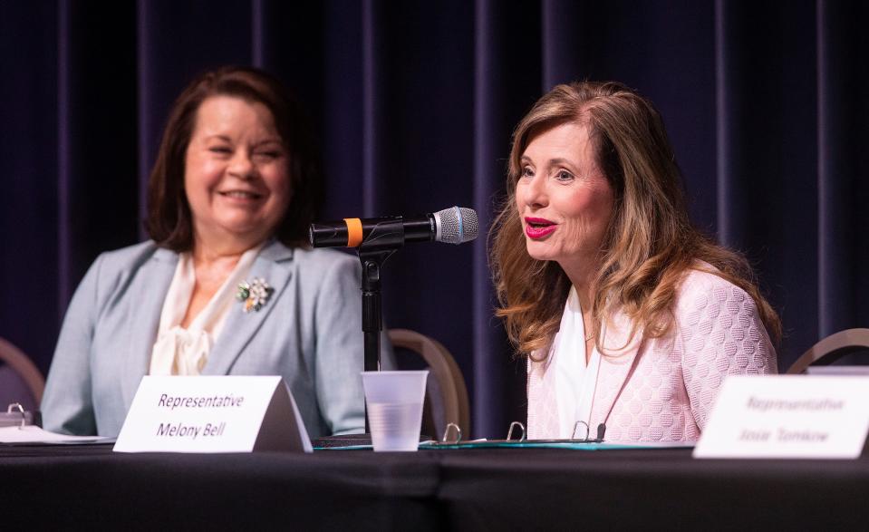 State Rep. Melony Bell speaks at a legislative wrap-up breakfast in May with state Sen. Colleen Burton in the background. Among many other funding requests, Bell and Burton are seeking $4 million for Polk County Public Schools to develop Heartland Biztown and Finance Park.