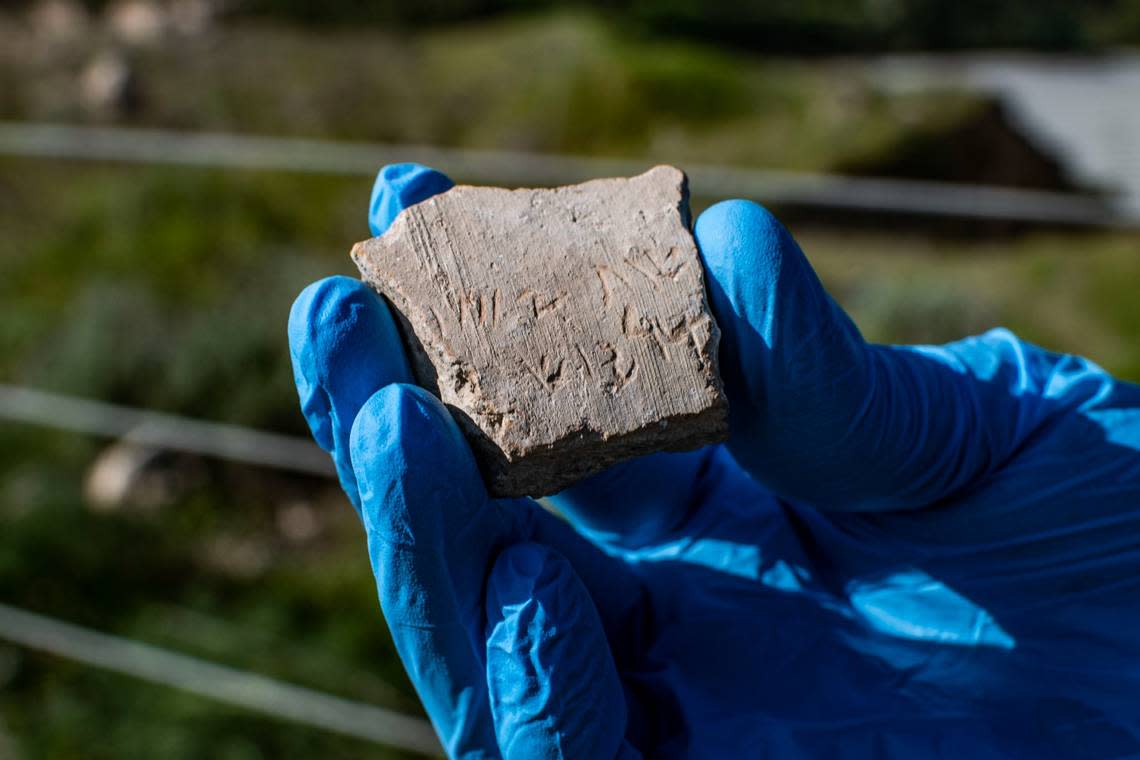 A close-up view of the pottery shard.